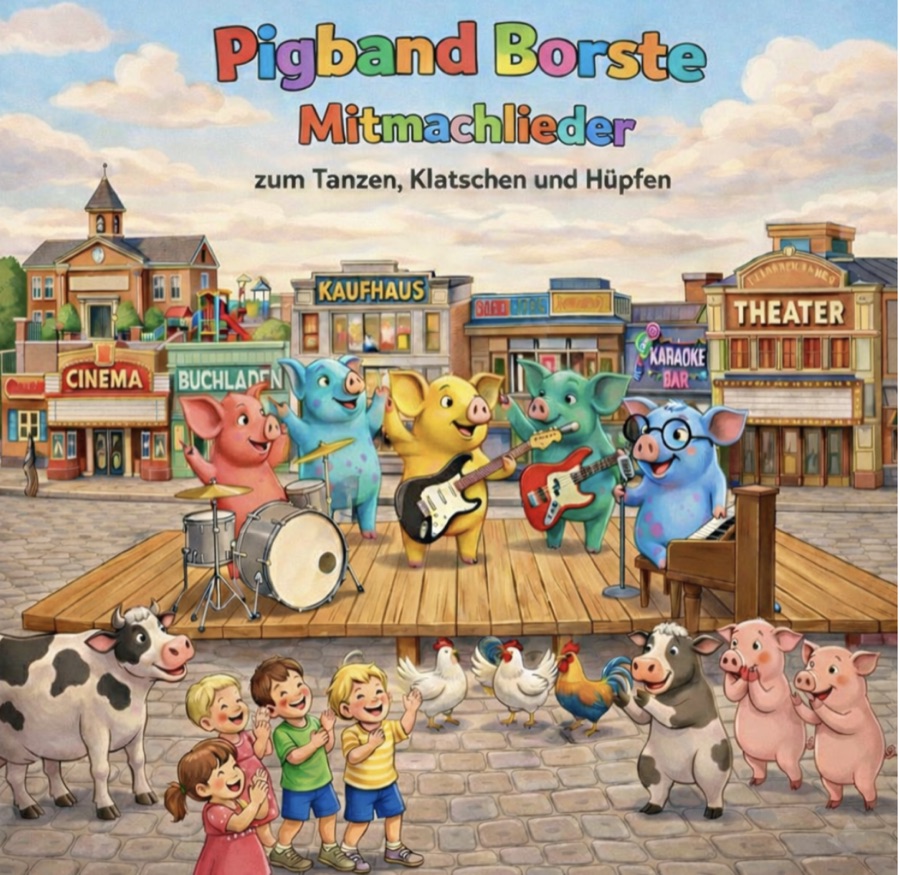 Album-Cover von Pigband Borste: die Band spielt auf einer Bühne in einer kleinen Stadt